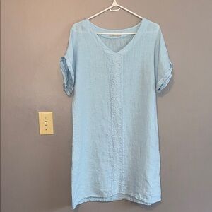 Valentina Naldi Sky Blue V-Neck 100% Linen Midi Dress